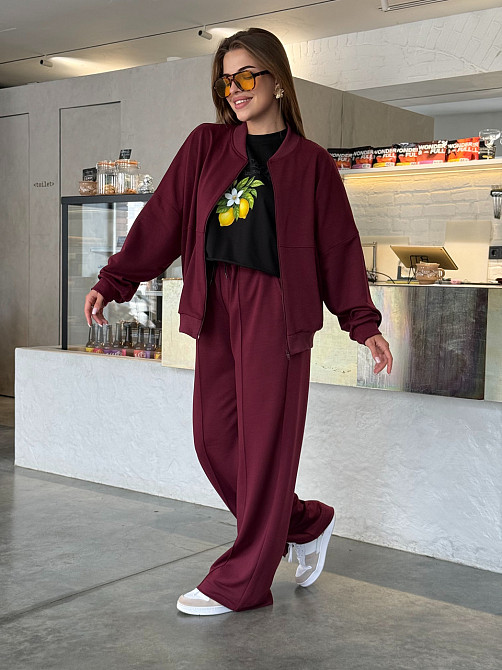 Женский костюм оверсайз с широкими брюками из двунитки Бордовый 50/52 Харьков - изображение 10