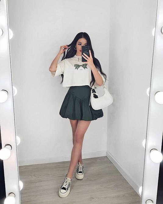 Женский летний романтичный костюм двойка: футболка и юбка турецкий кулир + коттон Хаки, 42/44 Одесса - изображение 3