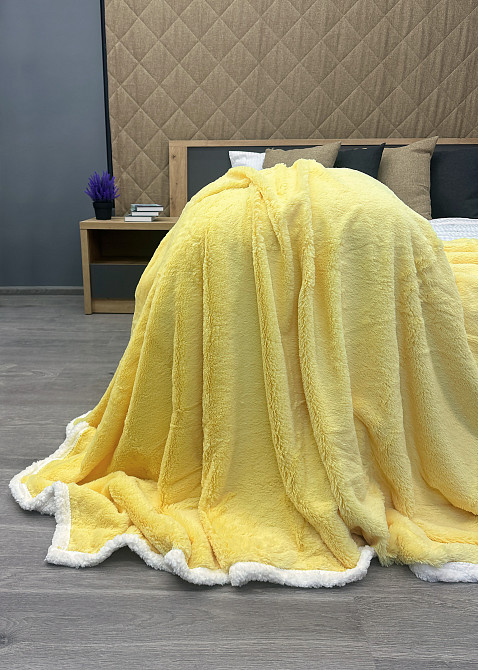 Плед двосторонній 155х200 см (+-5см) із штучною овчиною та хутром Жовтий з білим (87-081) Київ - фото 8