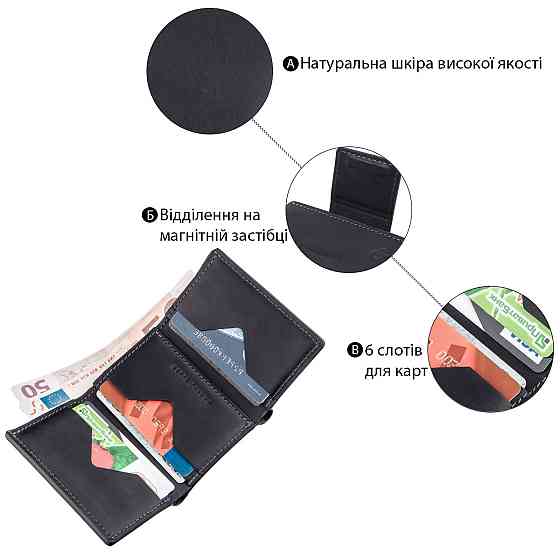 Строгое компактное портмоне унисекс на магните GRANDE PELLE 11204 Черное Киев