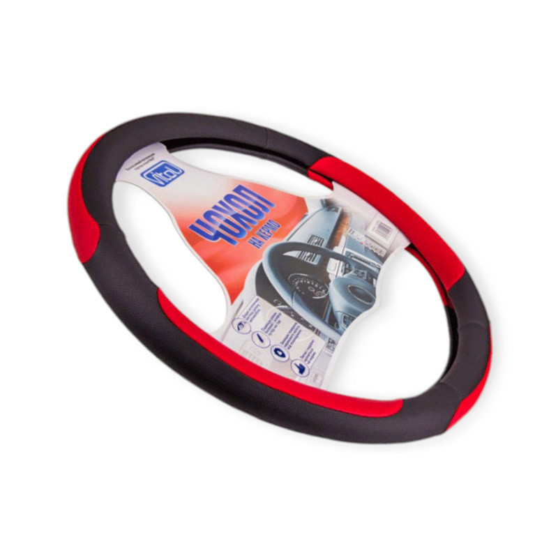 Чохол m шкірозамінник (37 - 39 см) чорний перфор., 4 червоні вставки керма Мукачево - фото 1