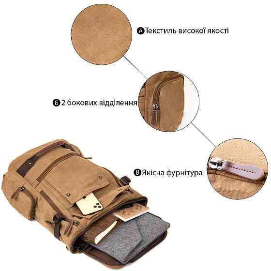 Рюкзак текстильный дорожный унисекс с ручками Vintage 20664 Песочный Киев