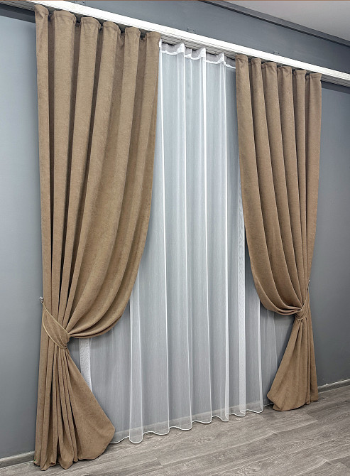 Комплект штор VR-Textil Микровелюр Petek 100х270 2шт и Тюль 300х270 1701ш-1153т Капучино с белым 71-055/1 Киев - изображение 2