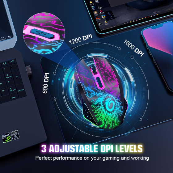 Беспроводная игровая мышь VersionTECH 2.4G, 6 кнопок, 800–1600 DPI, RGB-подсветка, аккумуляторная, черная Киев