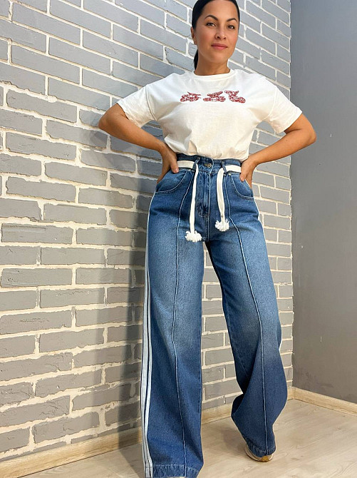 Джинсы женские Vonnavi 413-240 палаццо с лампасами пояс резинка шнурок синие, синий, 26, 26, 68 см,  Одесса - изображение 10