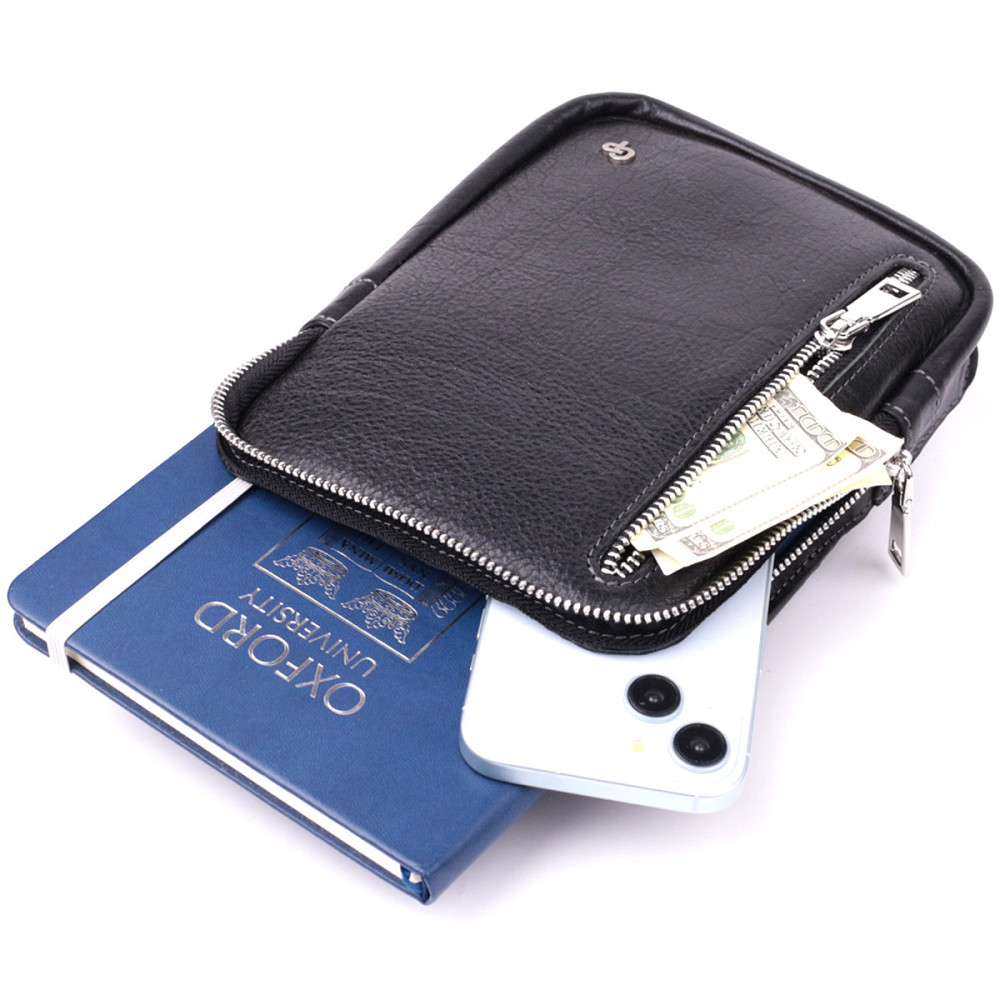 Мужская прямоугольная сумка бананка из зернистой натуральной кожи Черный (GRANDE PELLE) Киев - изображение 3