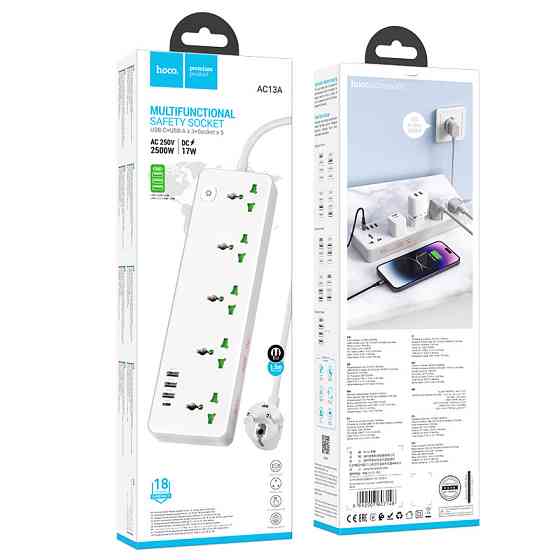 Мережевий подовжувач HOCO AC13A Talento 5-position socket(1C3A) (1,5 m) White Одеса
