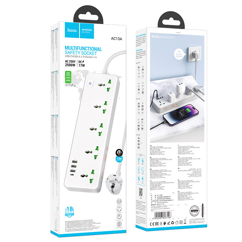 Мережевий подовжувач HOCO AC13A Talento 5-position socket(1C3A) (1,5 m) White Одеса - фото 6