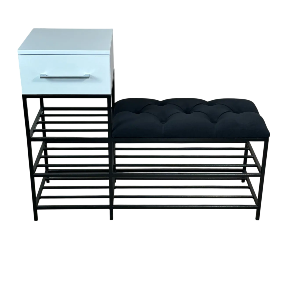 Банкетка для обуви Атланта-1L (100 см) с полками и шкафчиком Велюр черный/белая аляска 10-3-9005 Киев