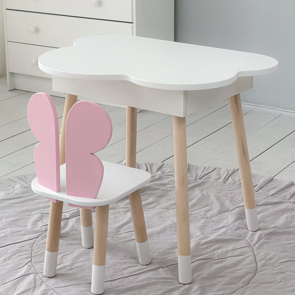 Столик хмаринка з нішею 54х68х50 і стільчик метелик 26х26х24, стіл та стілець в дитячу, білий з рожевим Кам'янське - фото 1