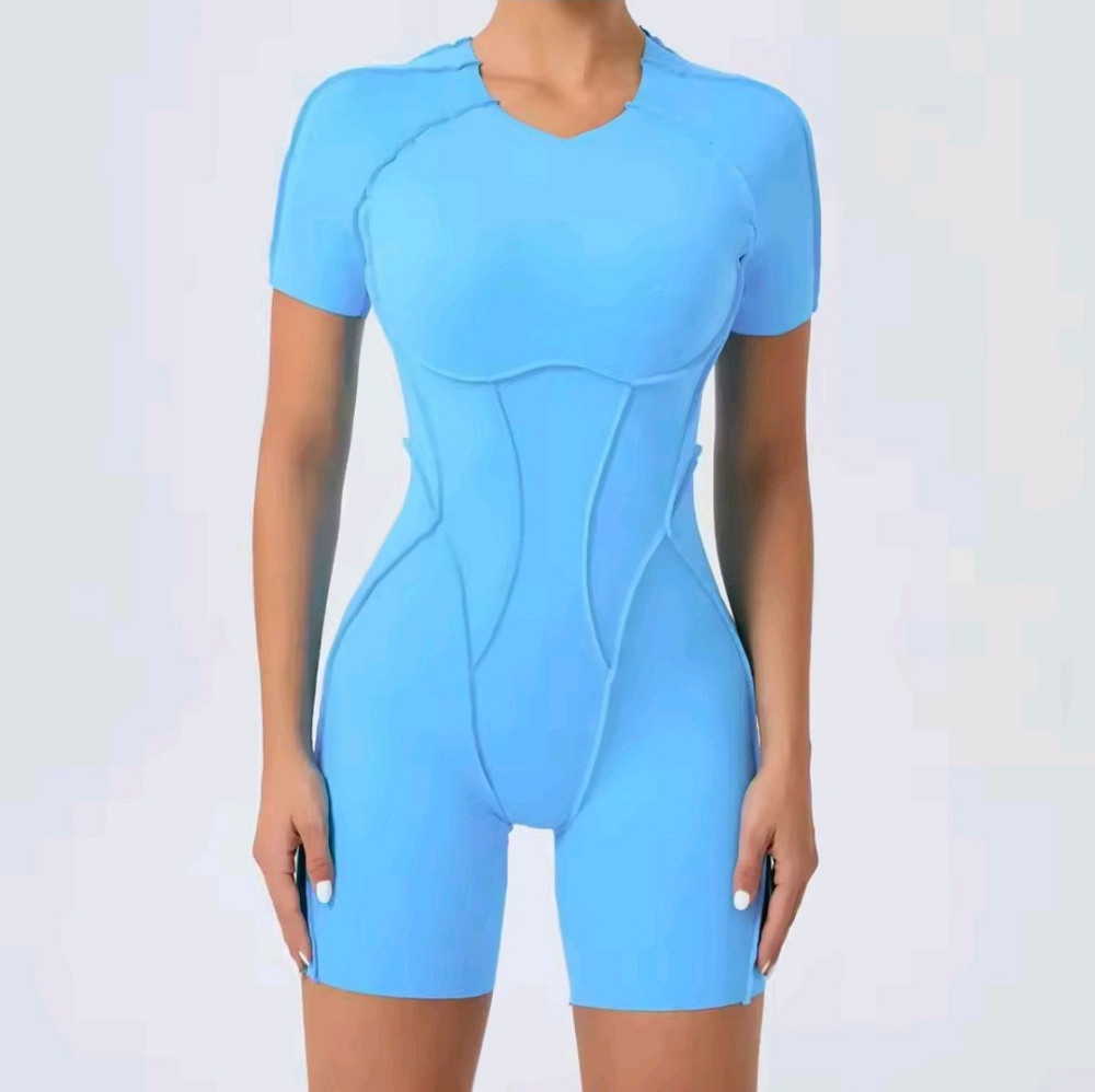 Женский фитнес комбинезон короткий с фактурными швами M Голубой яркий спортивный костюм с шортами трико боди для йоги спортзала М Днепр - изображение 1