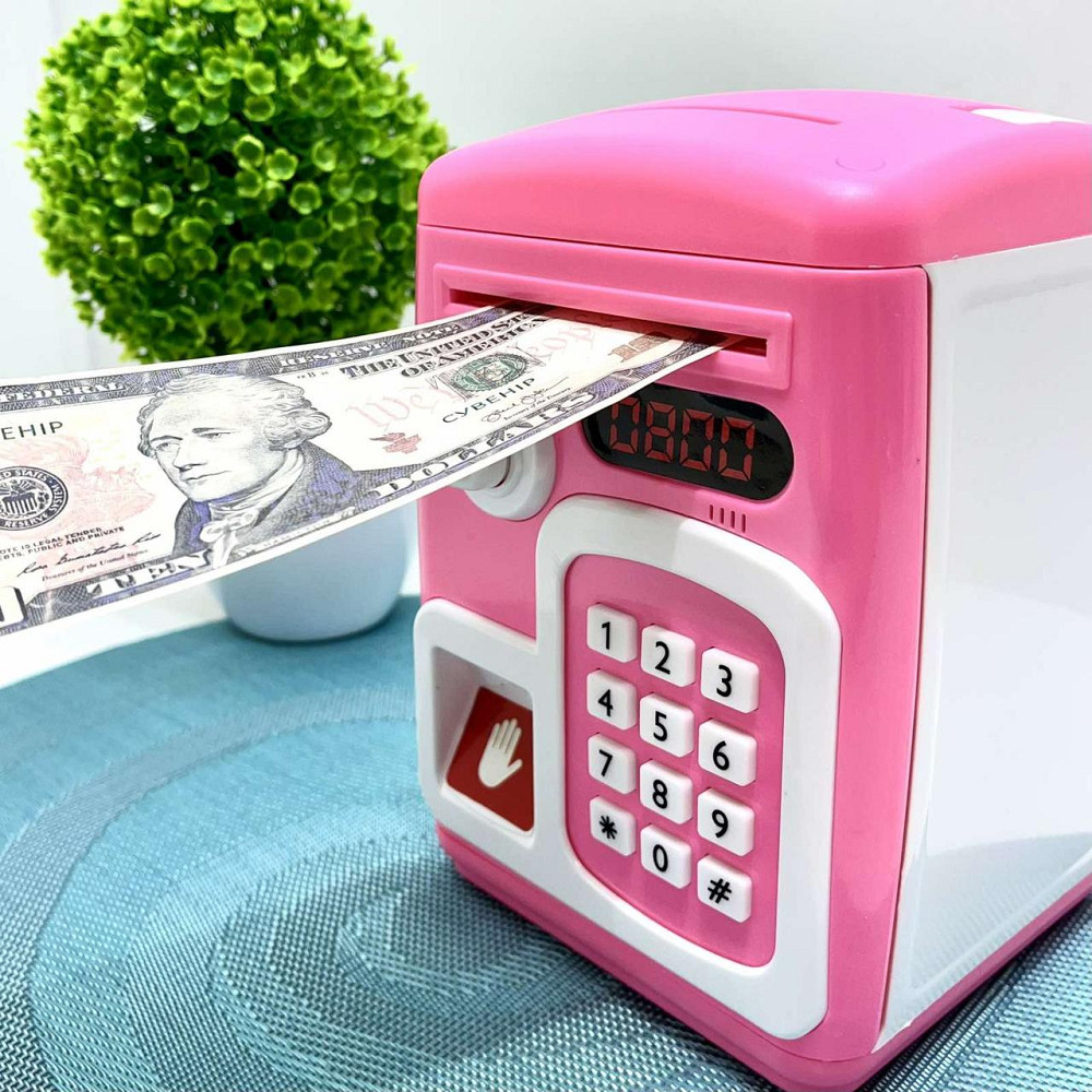 Сейф-скарбничка дитяча зі сканером відбитка пальця та кодовим замком затягує купюри звук підсвічування Рожевий (MK 5411) Чернігів - фото 3