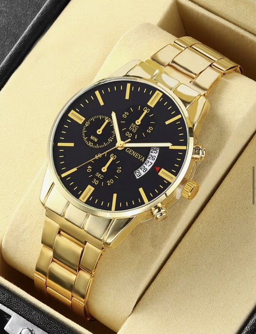 Подарочный набор для мужчин наручные часы с датой с браслетом кулоном и кольцом золотистый Киев - изображение 4