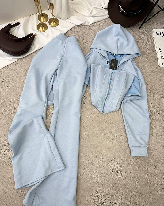 Женский стильный костюм тройка: кофта, корсет и лосины замш на дайвинге Голубой, 46/48 Одесса - изображение 9