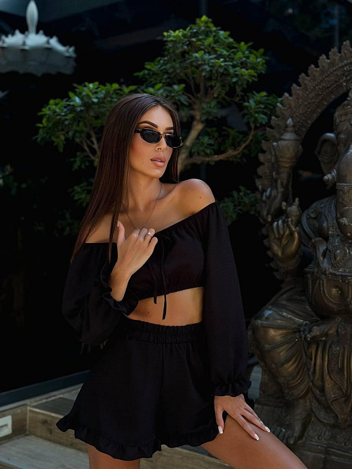 Женский легкий романтичный костюм двойка: топ и шорты американский креп жатка Черный Одесса - изображение 4