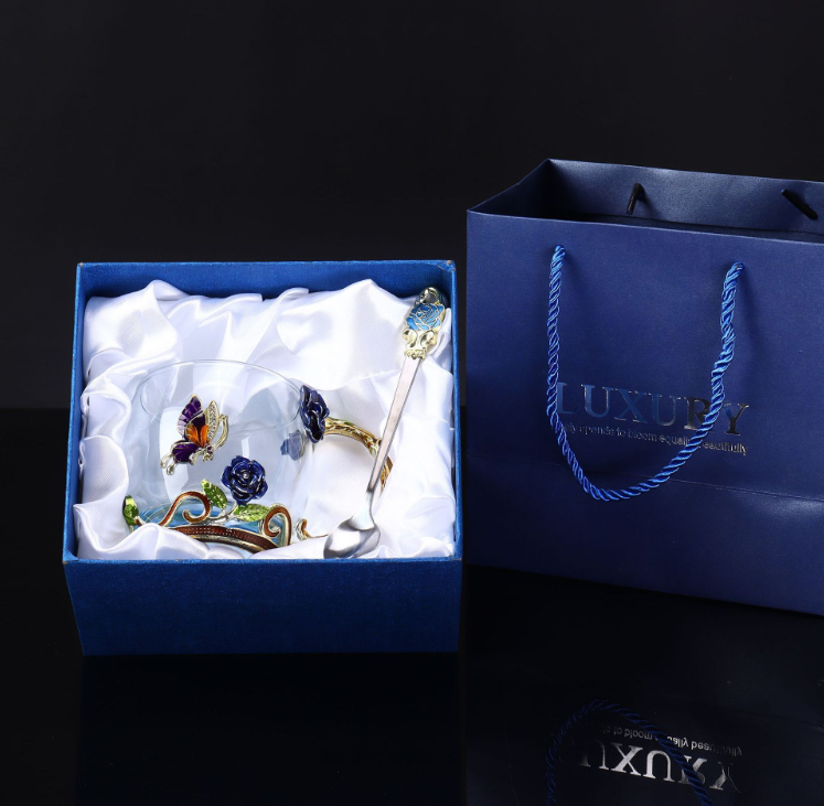 Чашка ПОДАРОЧНАЯ 320 мл стакан в металлическом подстаканнике с ложечкой Синяя РОЗА, Подарочная упаковка Кременчуг - изображение 1