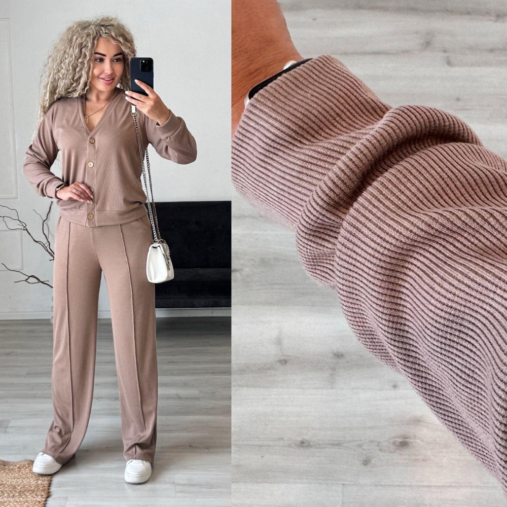 Женский стильный повседневный костюм двойка: кардиган на пуговицах + брюки трикотажный рубчик Бежевий, 42/44 Одесса - изображение 10