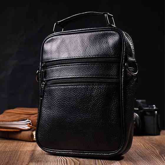 Практичний чоловічий месенджер із натуральної шкіри Vintage 21950 Чорний Київ
