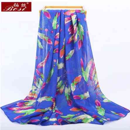 Женский шарф синий с рисунком перышек - размер шарфа приблизительно 160*48см, шифон Киев