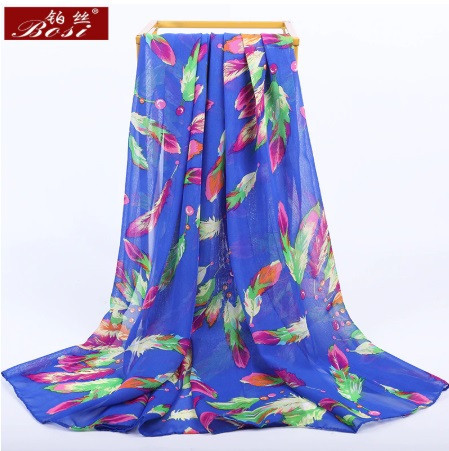 Женский шарф синий с рисунком перышек - размер шарфа приблизительно 160*48см, шифон Киев - изображение 1