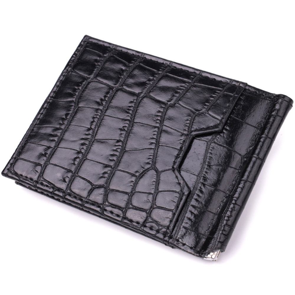 Удобный мужской зажим из натуральной фактурной кожи под крокодила Черный (KARYA) Киев - изображение 6