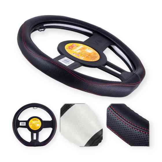 Чехол m кожа (37 - 39 см) черный перфор. вставка, один шов, белая основа VLOD-L2161 BK/R руля Мукачево