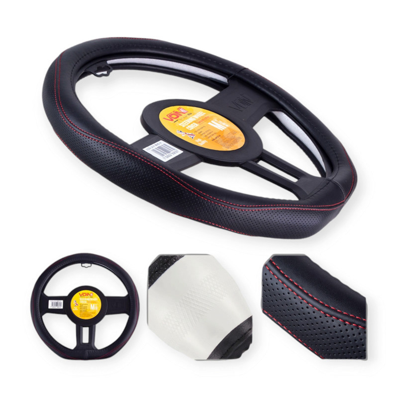 Чехол m кожа (37 - 39 см) черный перфор. вставка, один шов, белая основа VLOD-L2161 BK/R руля Мукачево - изображение 3