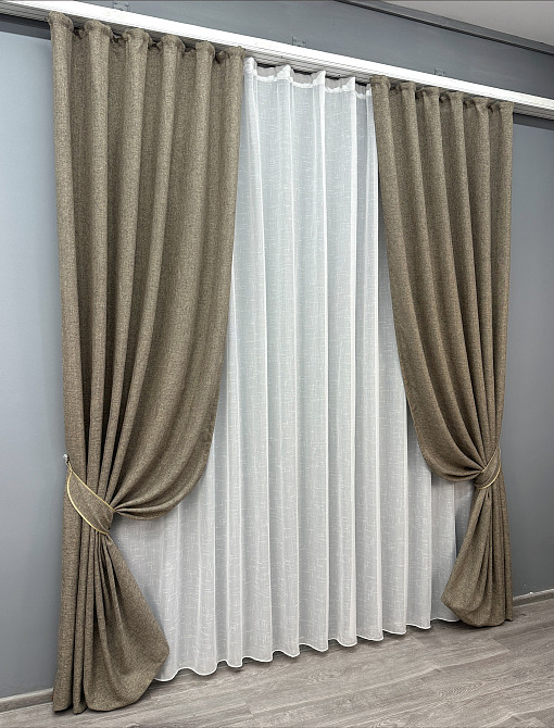 Комплект штор VR-Textil Лен Мешковина 150х270 2шт и Тюль 400х270 1770ш-115т Какао с белым 71-023/3 Киев - изображение 2