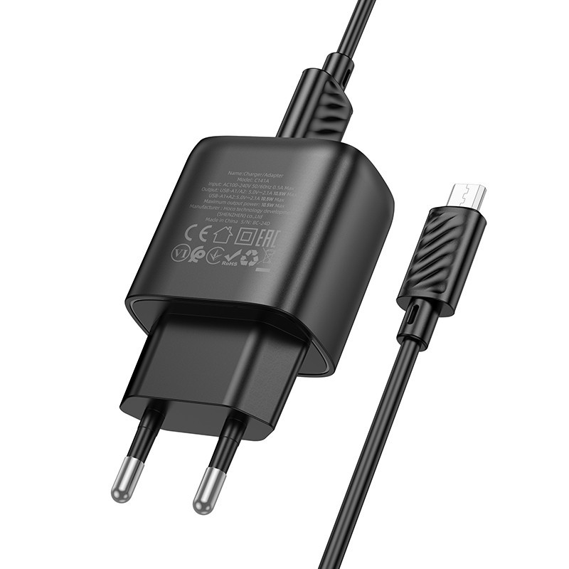 Сетевое зарядное устройство с кабелем HOCO C141A Smart dual-port charger set(Micro) Black Киев - изображение 4