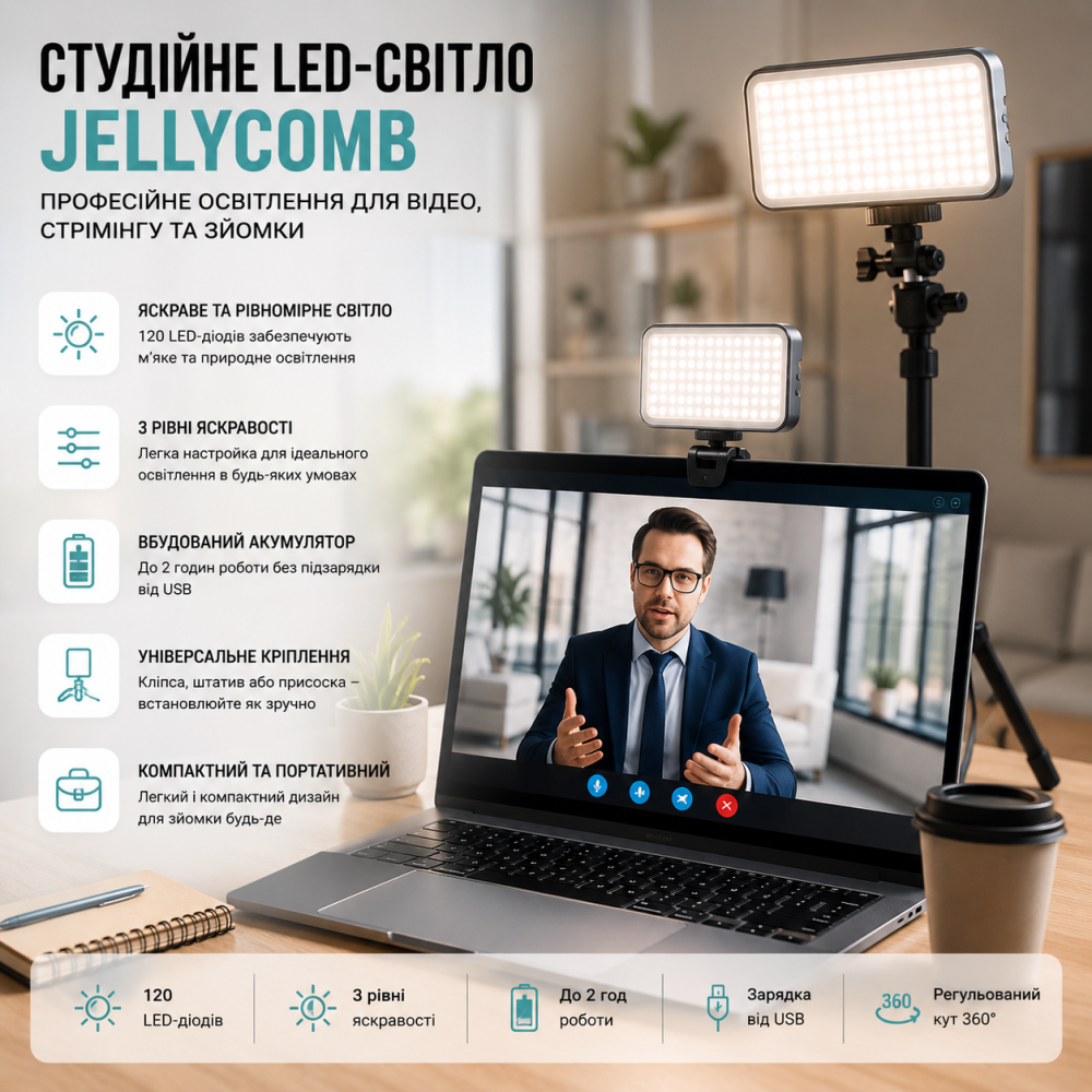 Студійне LED-світло JellyComb: професійне освітлення для відеоконференцій, стрімінгу та зйомки Київ - фото 8