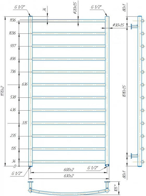 Водяной полотенцесушитель Mario INOX Классик 1170х630/600 Киев - изображение 4