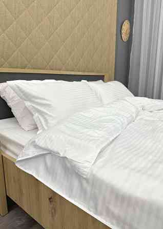 Комплект постельного белья Страйп-сатин Двуспальный 180х220 с простыней на резинке Белый (88-086) Киев