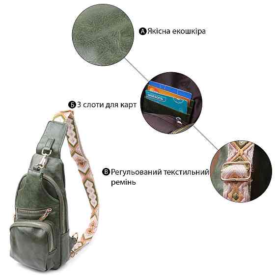 Трендовая женская слинг сумка через плечо из экокожи Vintage 22755 Зеленый Киев