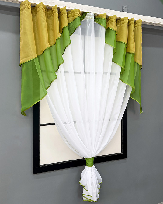 Кухонна занавіска VR-Textil № 114к ламбрекен і тюль оливковий з золотистим та білим 270х170 см (52-0611) Київ - фото 7