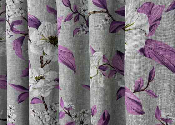 Шторна тканина льон з квітковим принтом, колекція "Прованс" колір сірий з фіолетовим 1820ш Київ