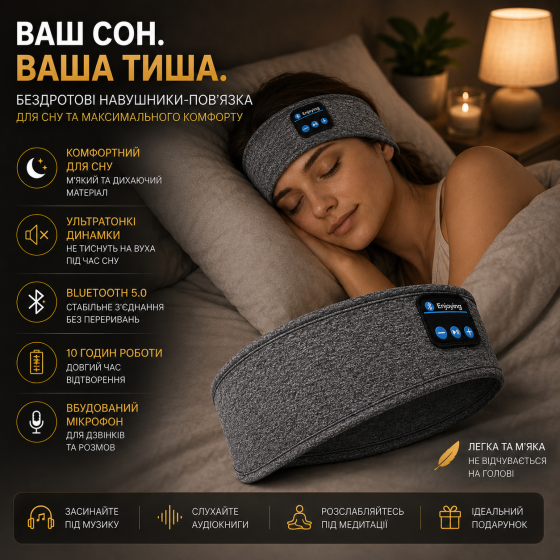 Беспроводные Bluetooth наушники-повязка для сна и спорта с микрофоном SleepBand BT 5.0, 10 часов работы, Серая Киев