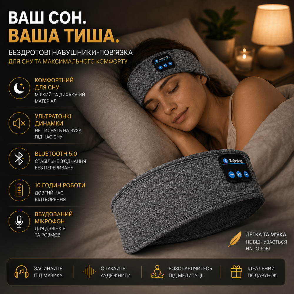 Беспроводные Bluetooth наушники-повязка для сна и спорта с микрофоном SleepBand BT 5.0, 10 часов работы, Серая Киев - изображение 1