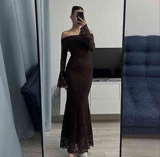 Женское романтическое кружевное платье со спущенными плечами гипюр + подкладка Коричневый, 42/44 Одесса