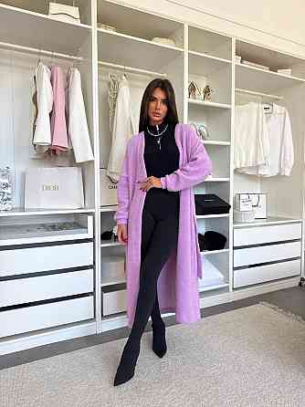 Жіночий затишний довгий кардиган із поясом Альпака. Лаванда Одеса