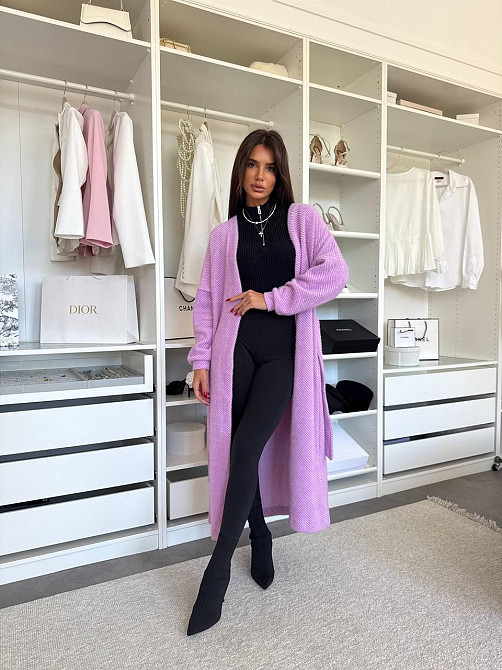 Жіночий затишний довгий кардиган із поясом Альпака. Лаванда Одеса - фото 6