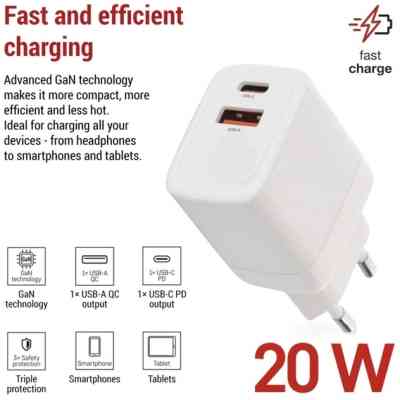 Зарядное устройство EMOS V02G20 1xUSB-A + 1xUSB-C PD20W GaN (V02G20) Винница