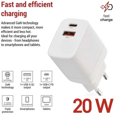 Зарядное устройство EMOS V02G20 1xUSB-A + 1xUSB-C PD20W GaN (V02G20) Винница - изображение 5