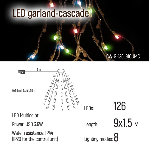 Світлодіодна гірлянда каскад 126 Led 9*1,5м 8 режимів різнокольорова USB CW-G-126L91CUMC ColorWay Житомир - фото 8