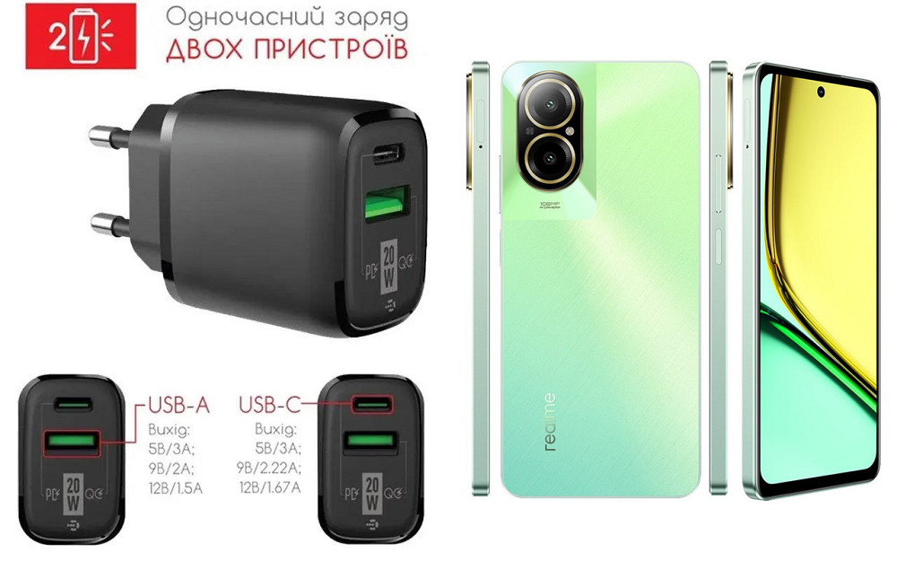 Сетевое зарядное устройство для Realme C67 4G, 20W 3A, Quick Charge 3.0 Киев - изображение 1