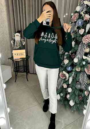 Женское уютное оверсайз худи с новогодним принтом трехнитка на флисе Изумрудный, 42/46 Одесса