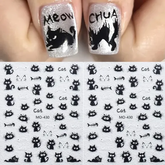 3D наклейки для ногтей «Котики» – чёрные, лист 9,2×7,3 см Киев