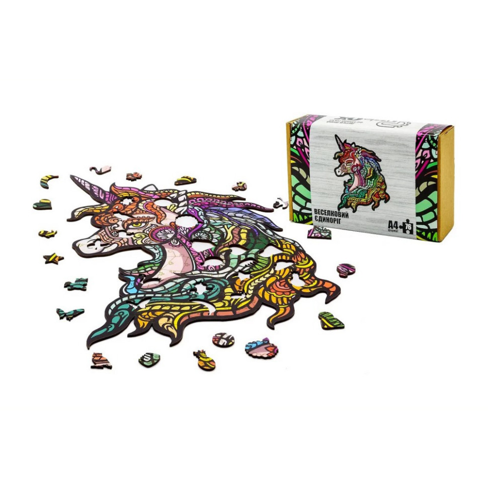 Фигурный деревянный пазл A4 Радужный Единорог PuzA4-00701, 76 деталей Винница - изображение 2