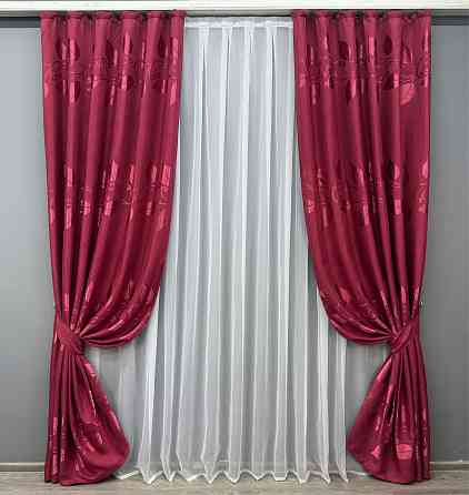 Шторна тканина льон рогожка "Листя" колір рубіновий 1721ш Київ