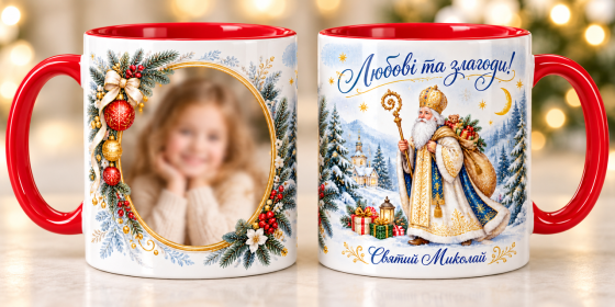 Чашка з фото на День Святого Ніколая — подарунок дитині, керамічний кухоль із персональним фотодруком Червоний Одеса