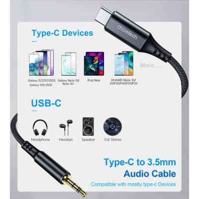 Кабель мультимедійний AUX USB-C to TRS Audio 3.5mm M/M DAC Chip 96kHz 1.0m black Choetech (AUX006) Вінниця